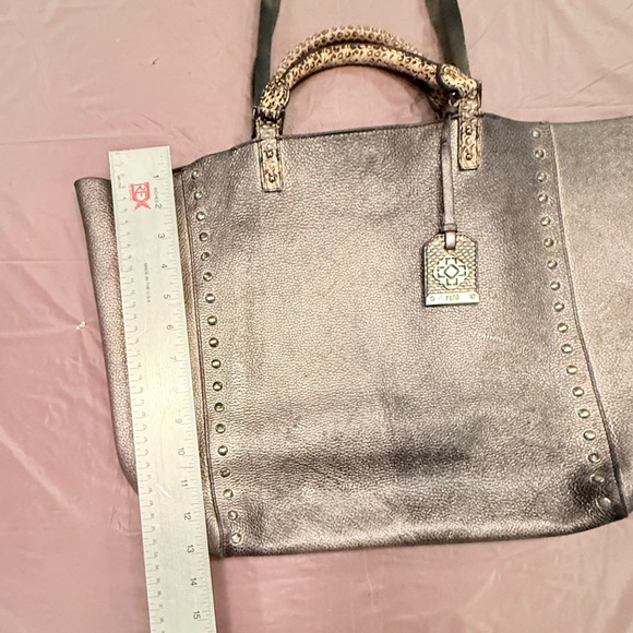 Rafe Silver/Black Metallic Leather Large Tote Bag w/ Snakeskin & Studs $498 - Picture 11 of 15
